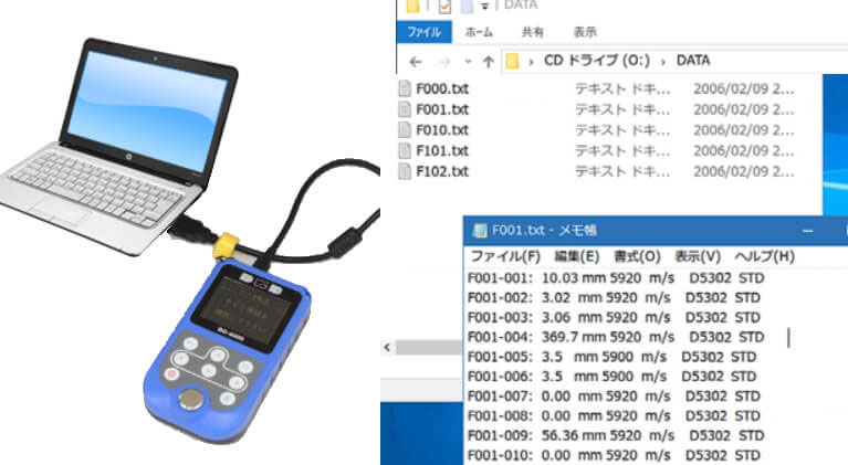 測定データはUSBケーブルを本体に接続することでPCへの転送が可能