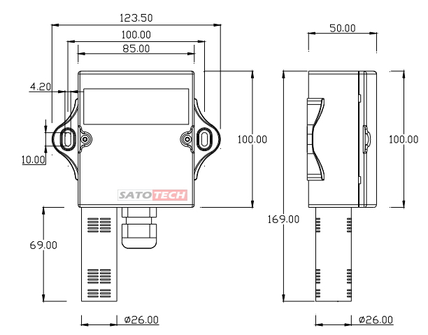 CO2トランスミッターHJ-TRCO2の寸法