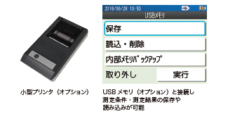 USBコネクタを搭載し、小型プリンタやUSBメモリ、PCへの接続が可能