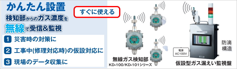 かんたん設置。すぐに使える。仮設型ガス漏えい監視システム VCW-100