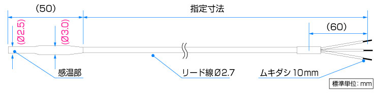 極低温用測温抵抗体 フッ素樹脂先端モールド型の図面