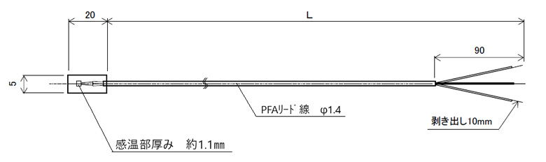 貼付型フィルムスリムタイプ白金測温抵抗体Pt100 (3線式)の図面