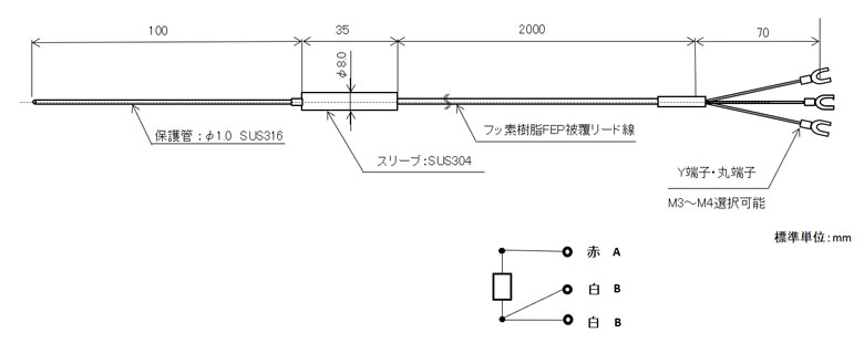 極細白金測温抵抗体センサーφ1.0mm (国産/Pt100温度センサー)の図面