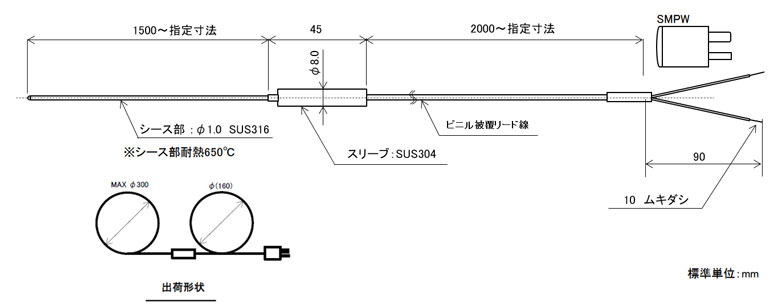 Jセンサ  ロングシースK熱電対 直径1.0mm (国産)の図面