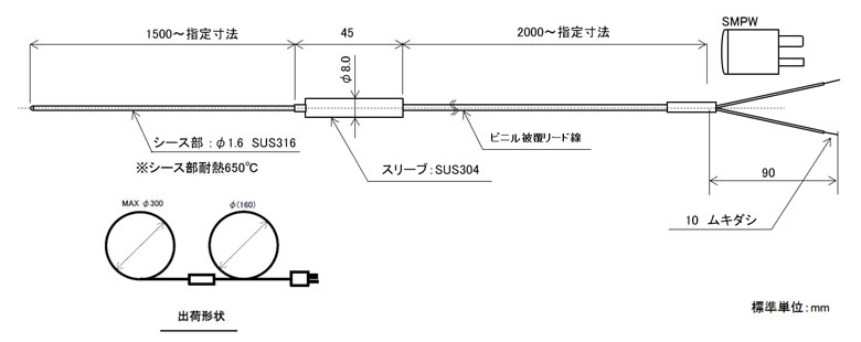 Jセンサ  ロングシースK熱電対 直径1.6mm (国産)の図面