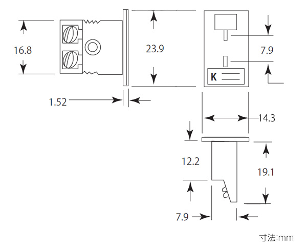 オメガ 熱電対ミニコネクタ用パネルジャック MPJシリーズの寸法図
